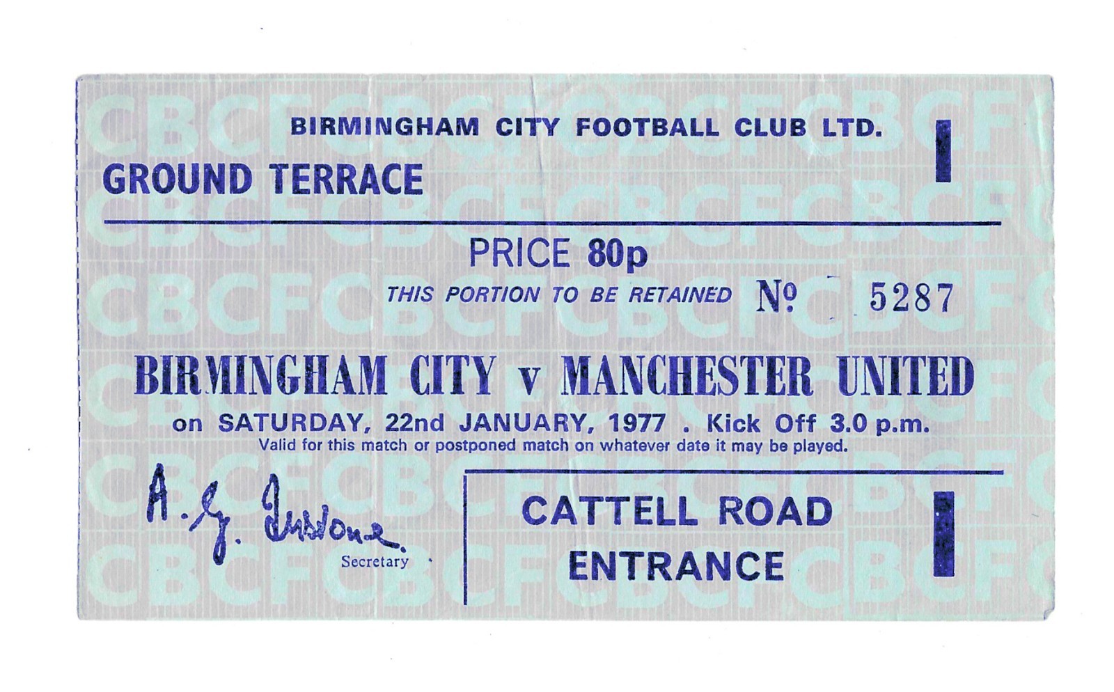 BIRMINGHAM CITY v Manchester United match ticket stub 22.01.77 FREE POSTAGE (UK) for sale on Ebay