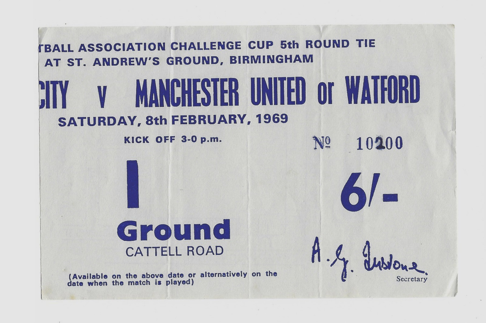 BIRMINGHAM CITY v Manchester Utd match ticket FA Cup 5th rnd dated 08.02.69 PP for sale on Ebay