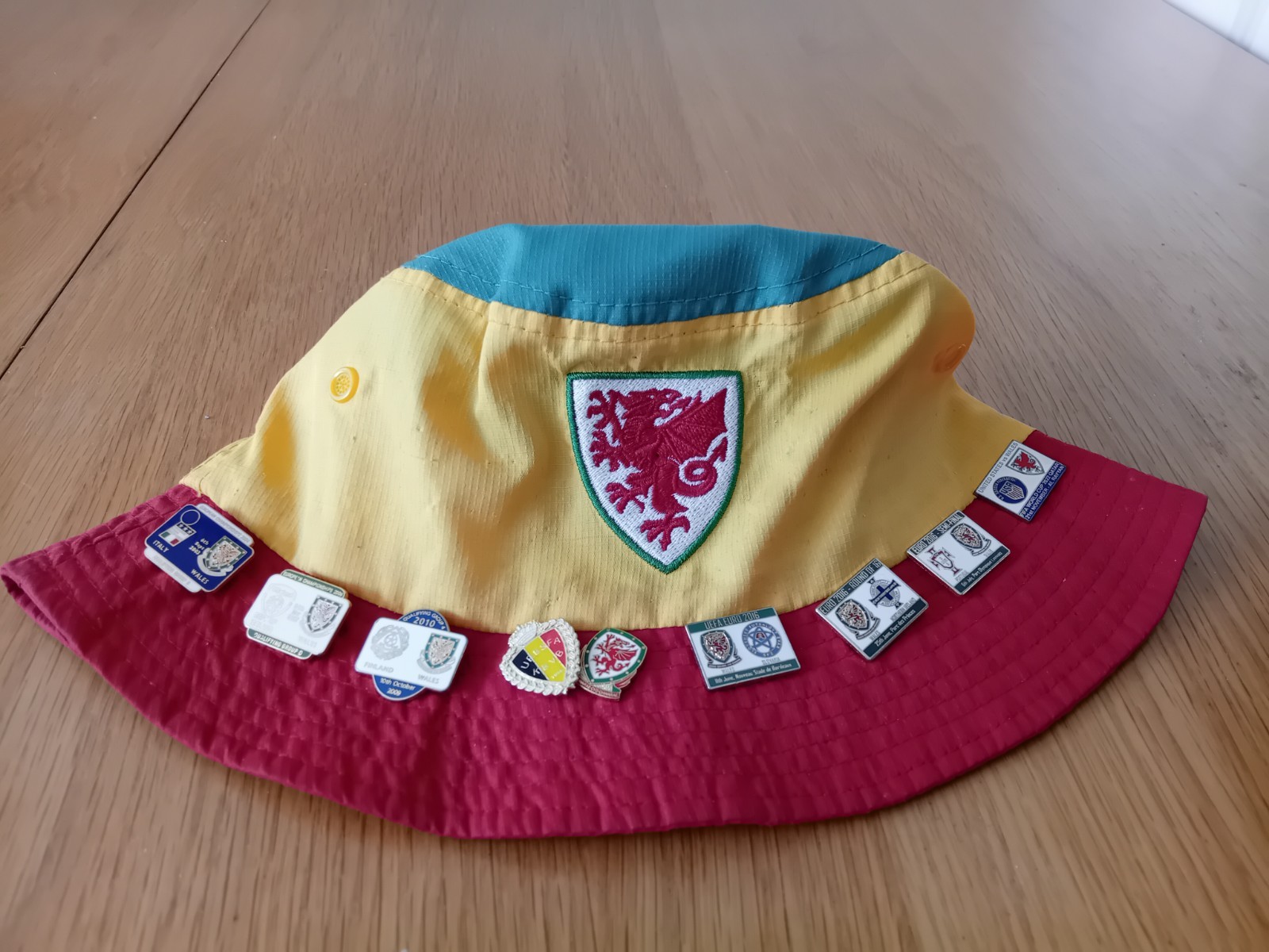 Wales Football Pin Badges on Bucket Hat for sale on Ebay