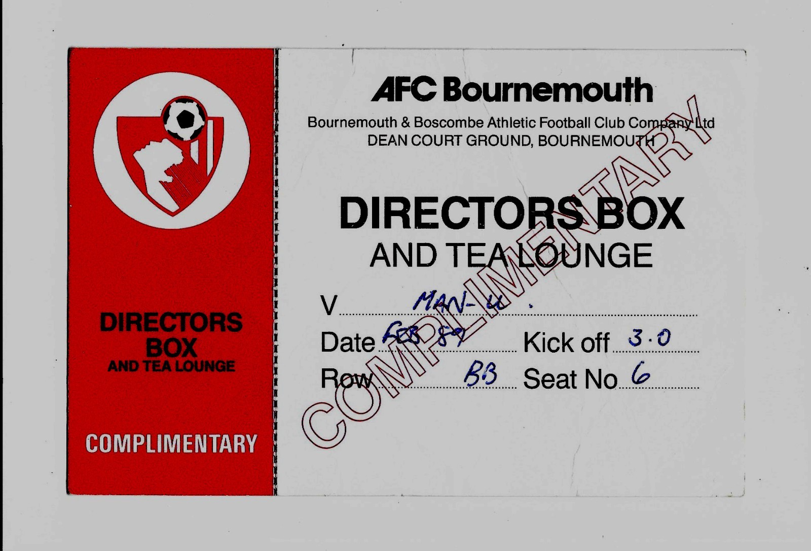 AFC BOURNEMOUTH v Manchester United DIRECTORS BOX MATCH TICKET FA Cup 18.02.89 for sale on Ebay