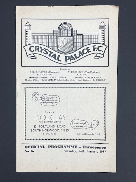 1956/57 CRYSTAL PALACE V PLYMOUTH ARGYLE 26-01-1957 DIVISION 3 SOUTH for sale on Ebay