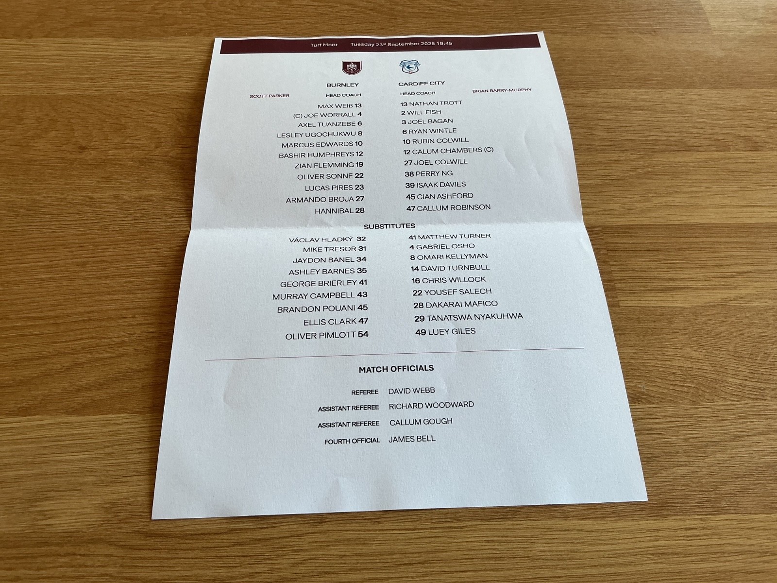 BURNLEY V CARDIFF CITY  TEAMSHEET 23/9/2025 for sale on Ebay