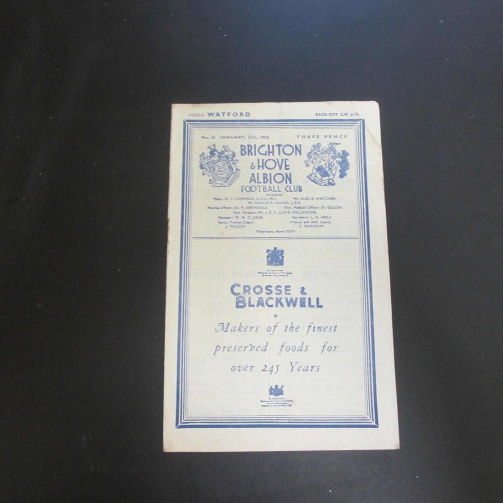 Brighton v Watford Div 3 South 1952/3 for sale on Ebay