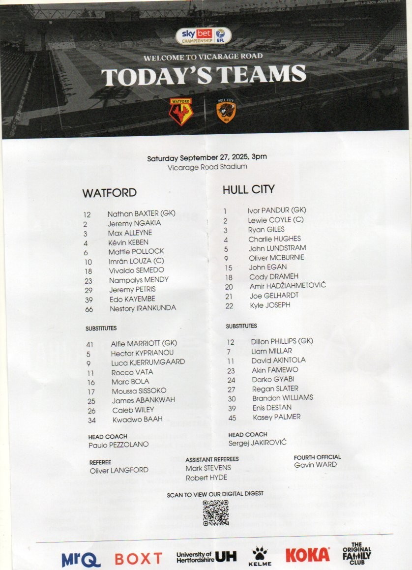WATFORD V HULL CITY 25/26 TEAM SHEET for sale on Ebay