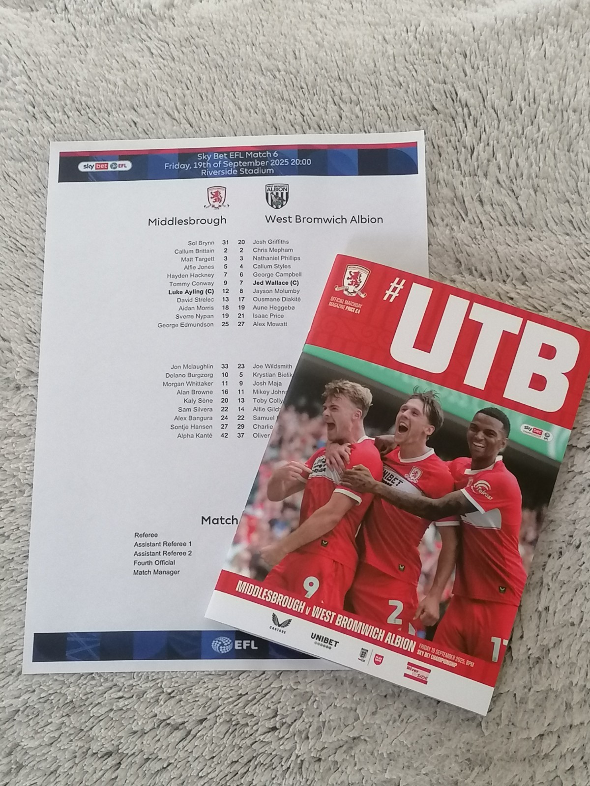 MIDDLESBROUGH V WBA. WEST BROM. WEST BROMWICH ALBION 19/9/25 MINT PROGRAMME. T/S for sale on Ebay