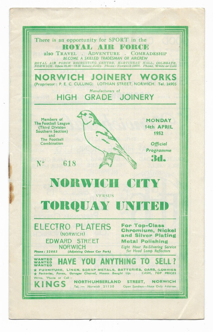 1951/52 Division 3 South - NORWICH CITY v. TORQUAY UNITED for sale on Ebay
