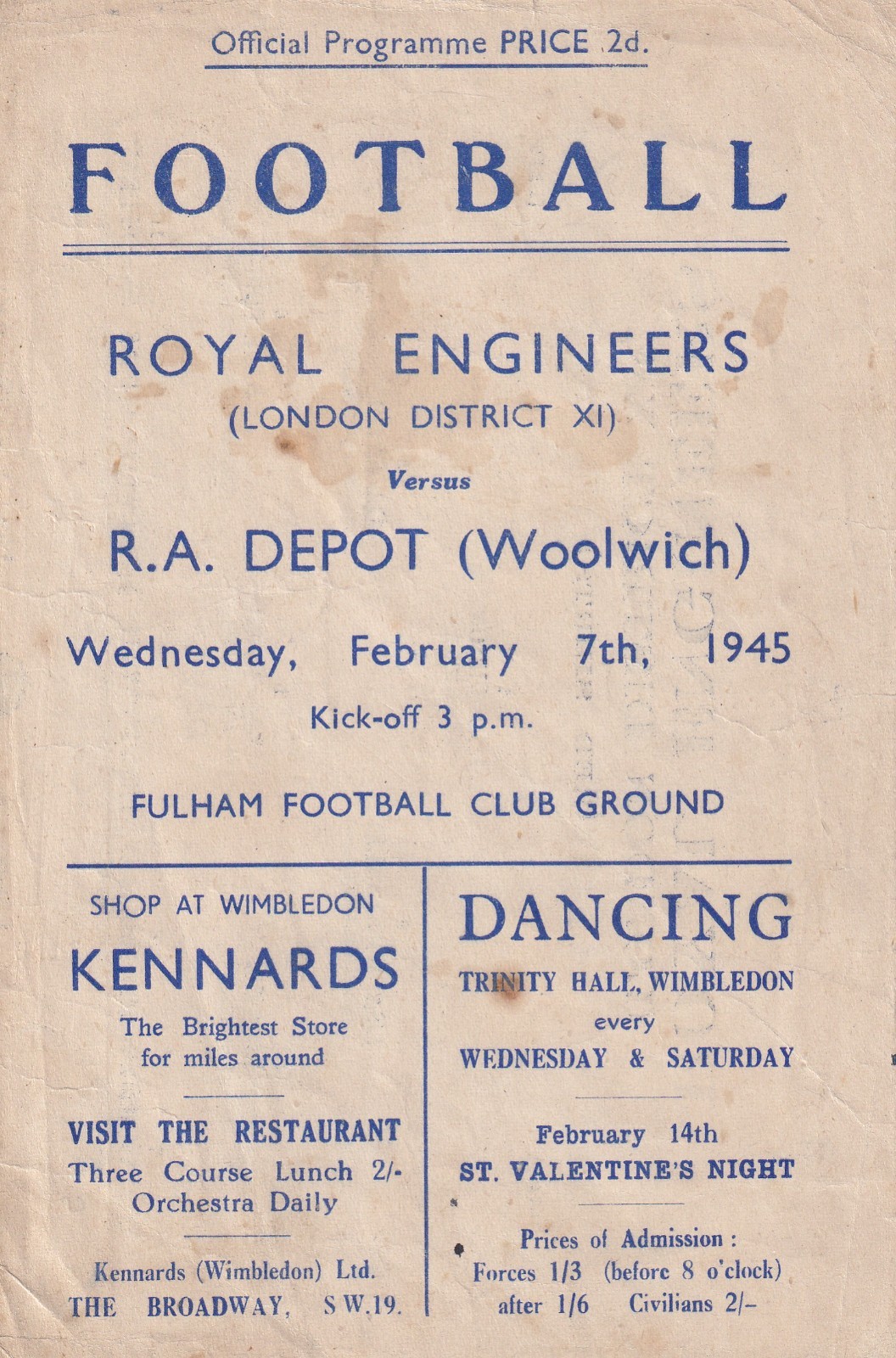 Royal Engineers v R.A. Depot 1944/45 played at Fulham for sale on Ebay