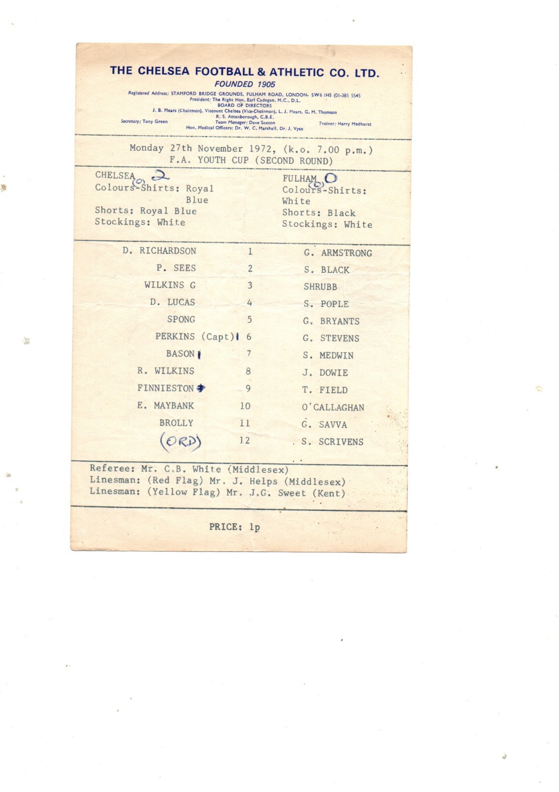 Chelsea Youth v Fulham Youth 1972 - 1973  FA Youth Cup for sale on Ebay
