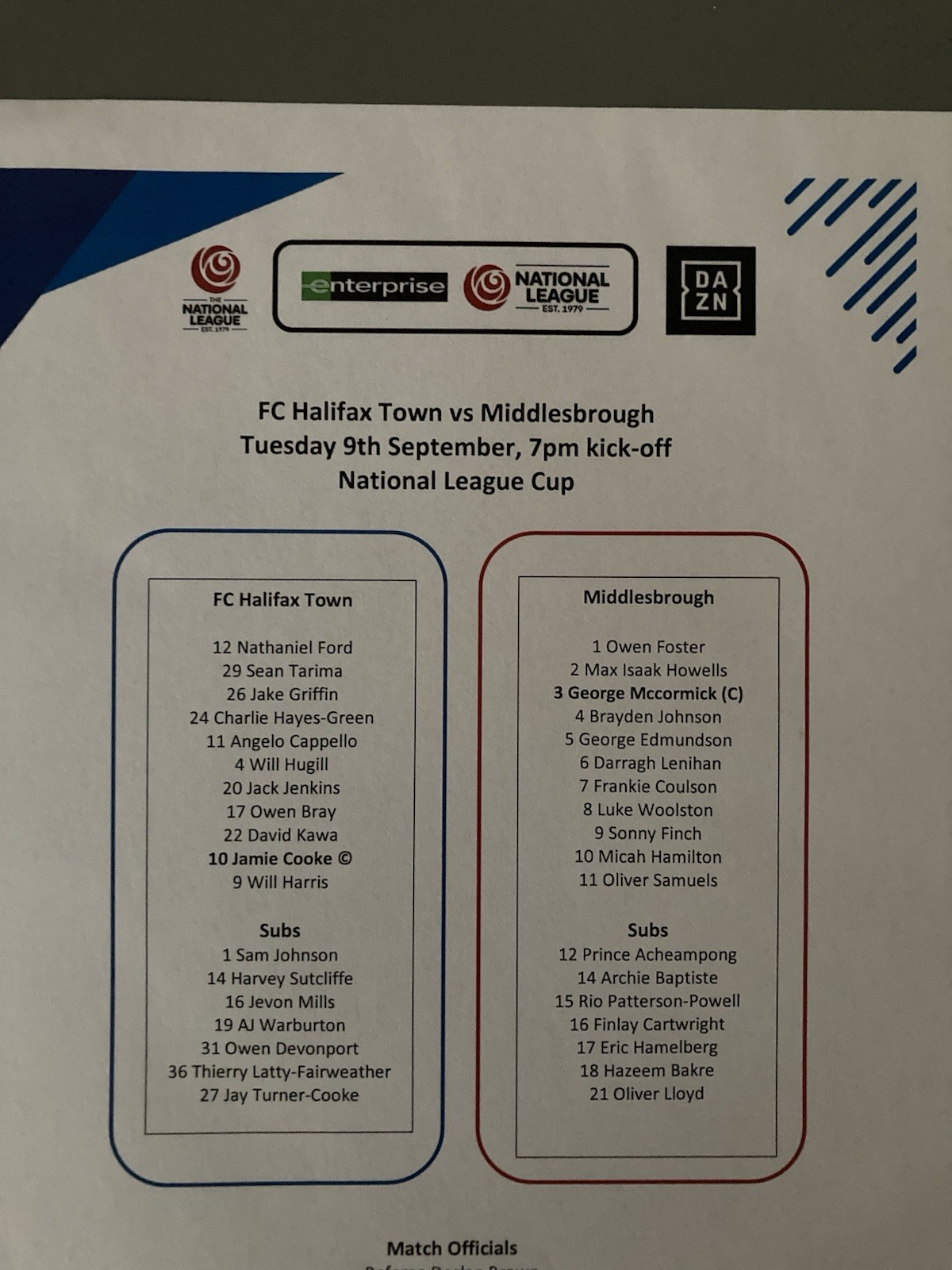 FC Halifax Town v Middlesbrough team sheet 09/09/2025 National League Cup for sale on Ebay