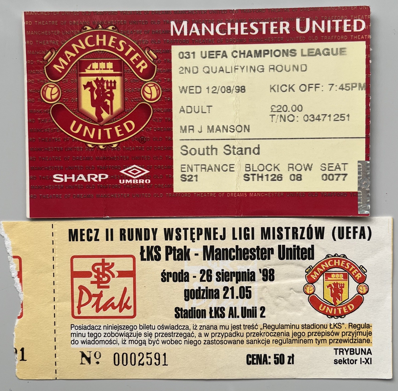 Manchester United v LKS Ptak  1998/9 Champions League home and away tickets  for sale on Ebay