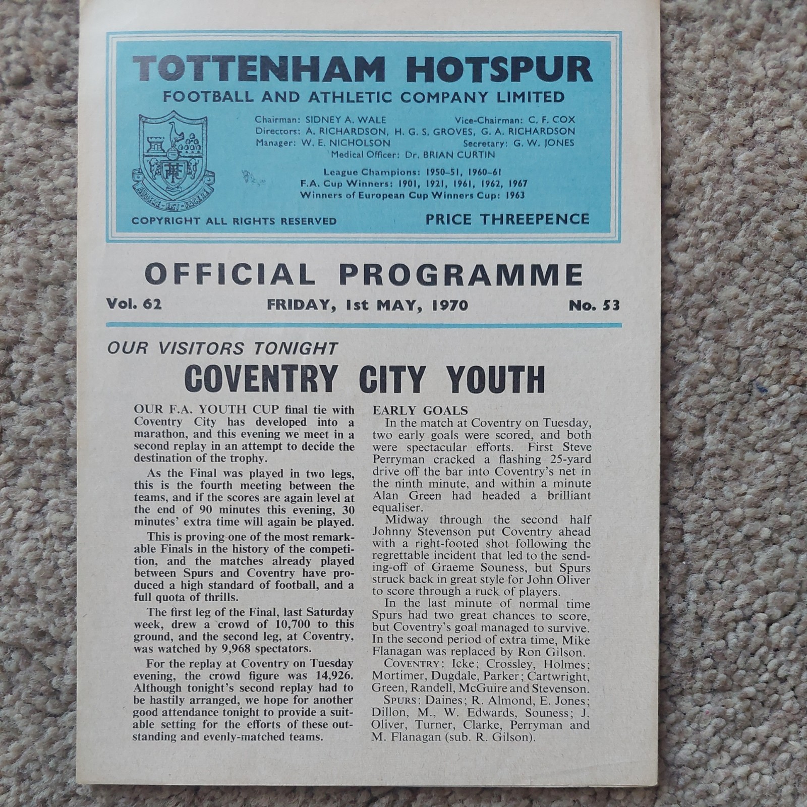 69/0 Tottenham Hotspur vs Coventry City (FA Youth Cup Final 2nd Replay) for sale on Ebay