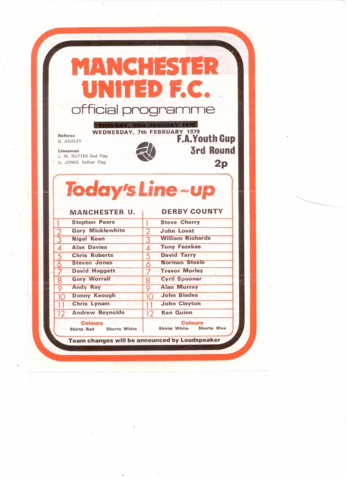 1978/79 - MANCHESTER UNITED v DERBY COUNTY (F A YOUTH 3rd ROUND) for sale on Ebay