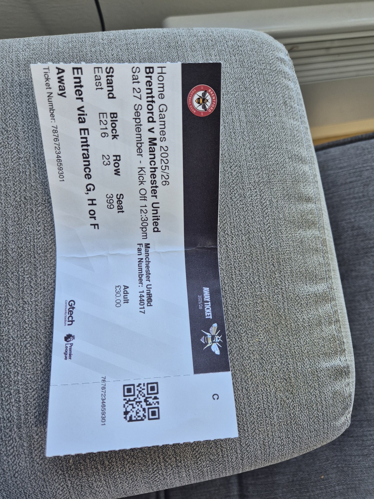 MAN UTD V BRENTFORD TICKET STUB for sale on Ebay