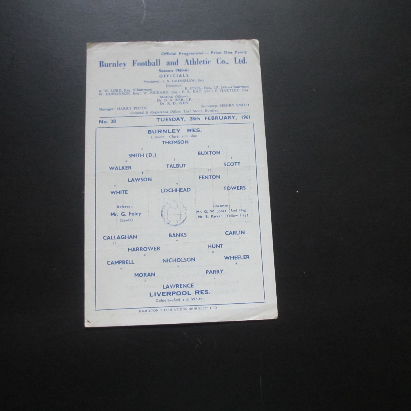 Burnley Res v Liverpool Res Central Lge 1960/1 - Single Sheet for sale on Ebay