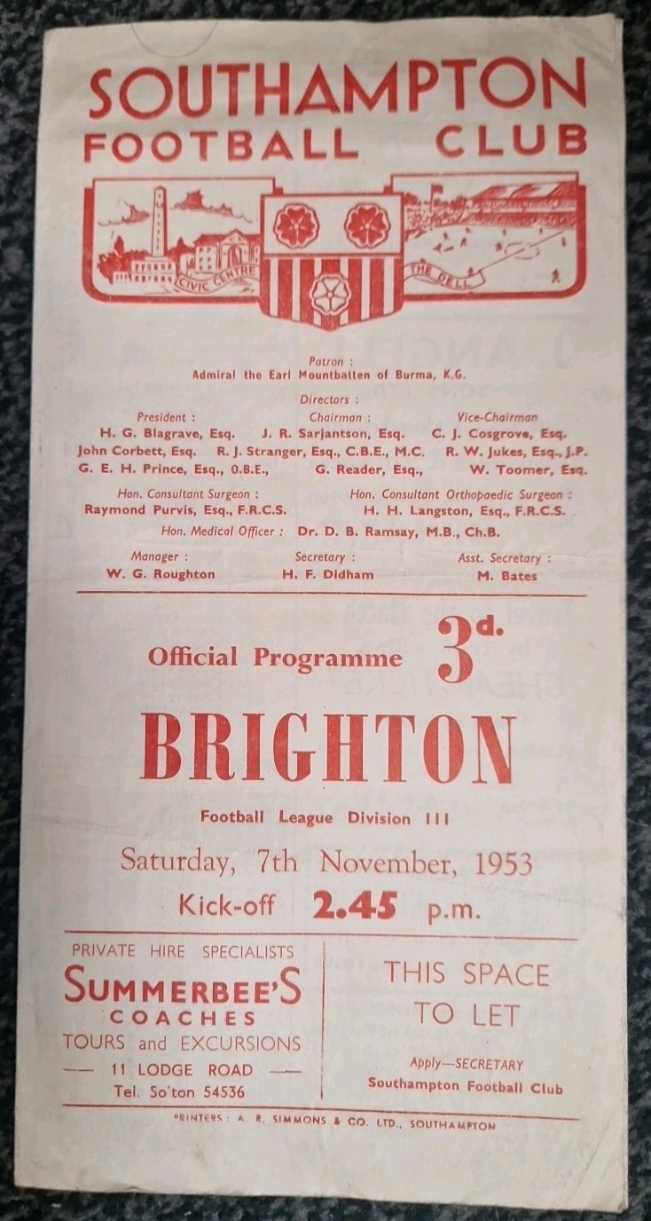 SOUTHAMPTON v BRIGHTON &HOVE ALBION 1953-54 for sale on Ebay