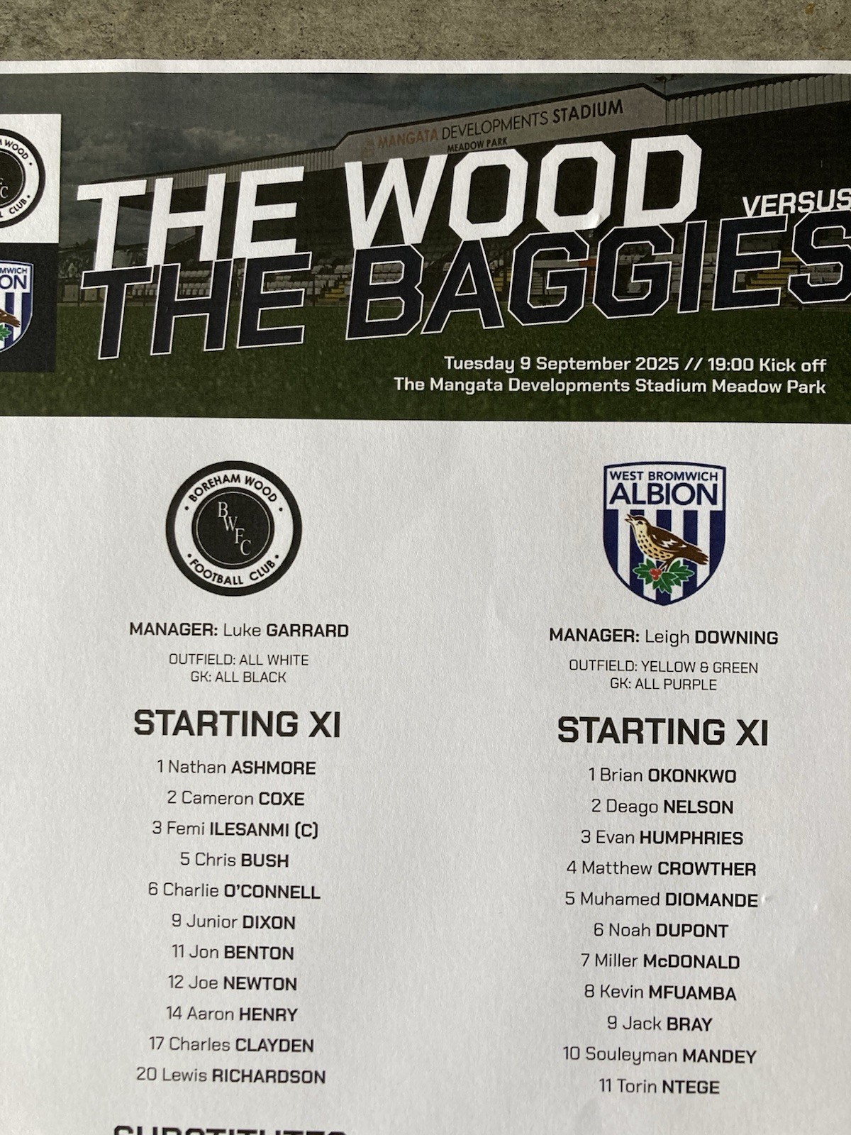 Boreham Wood v West Bromwich Albion WBA team sheet 09/09/25 National League Cup for sale on Ebay