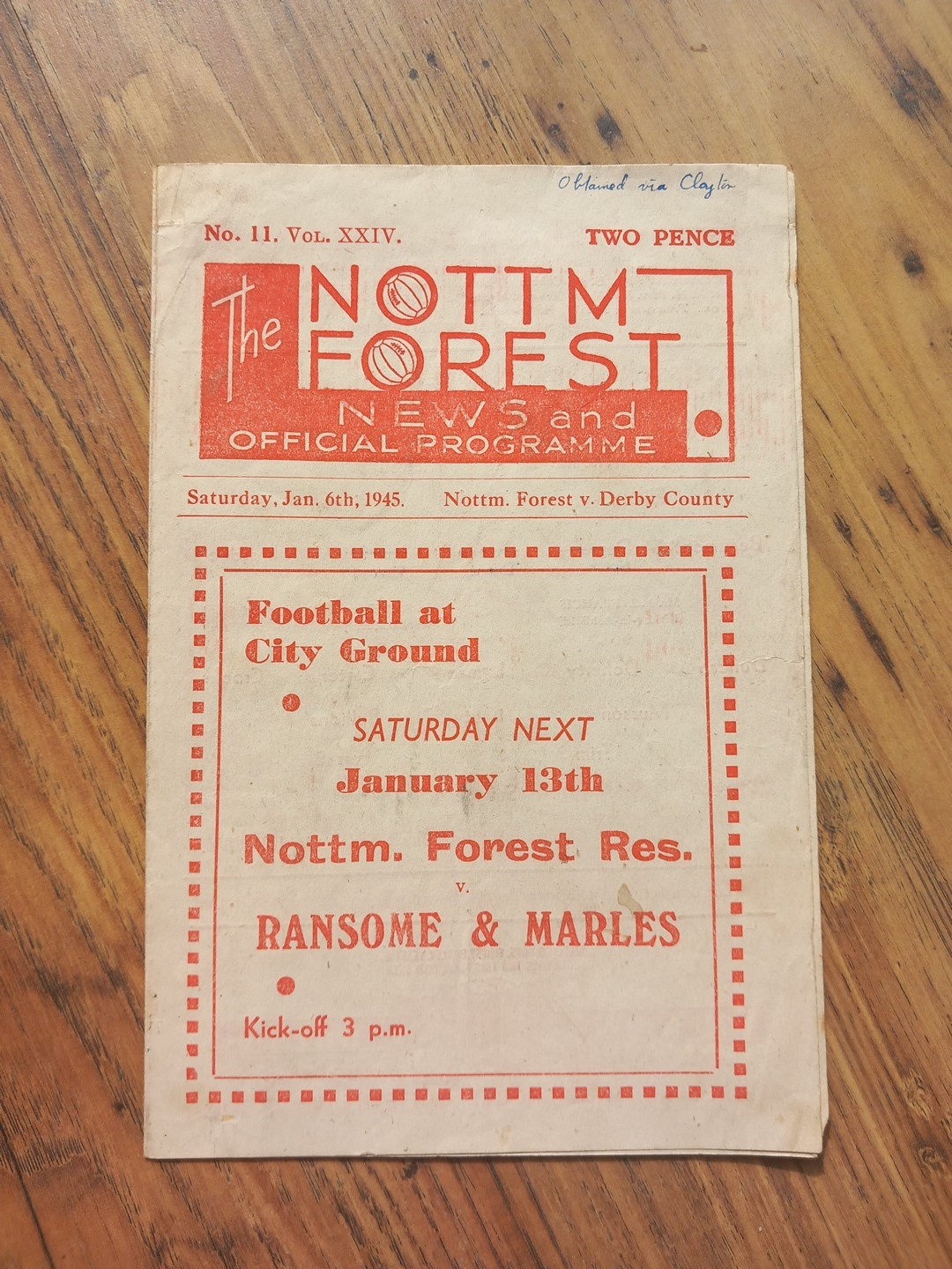 1944/45 Nottm Forest vs Derby County - War time Football League (North) for sale on Ebay