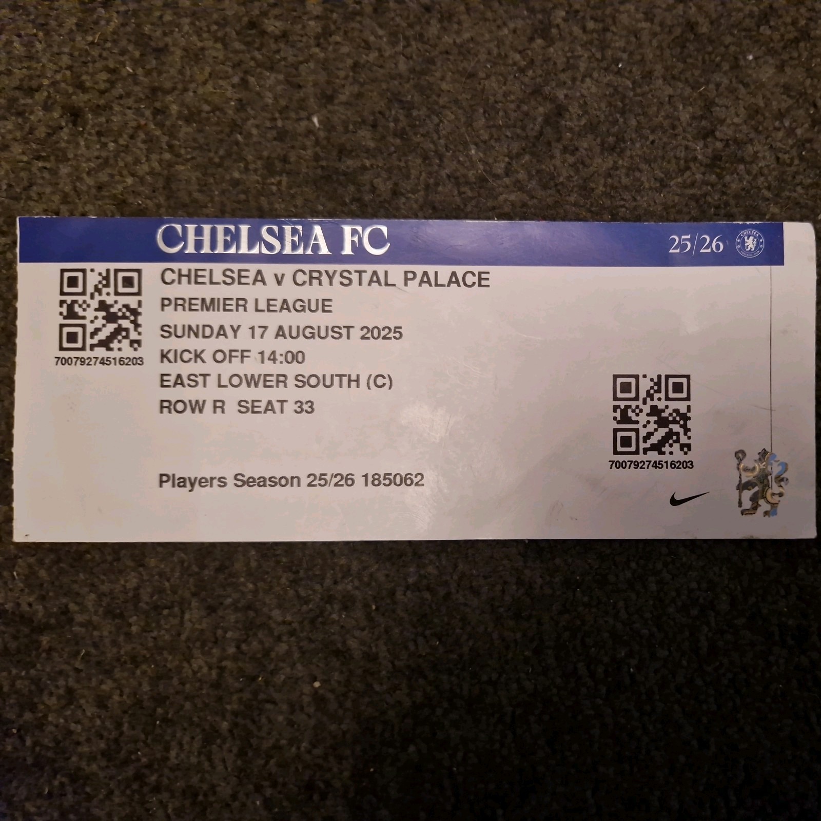 Chelsea V Crystal Palace Ticket 2025-26 Premier League for sale on Ebay