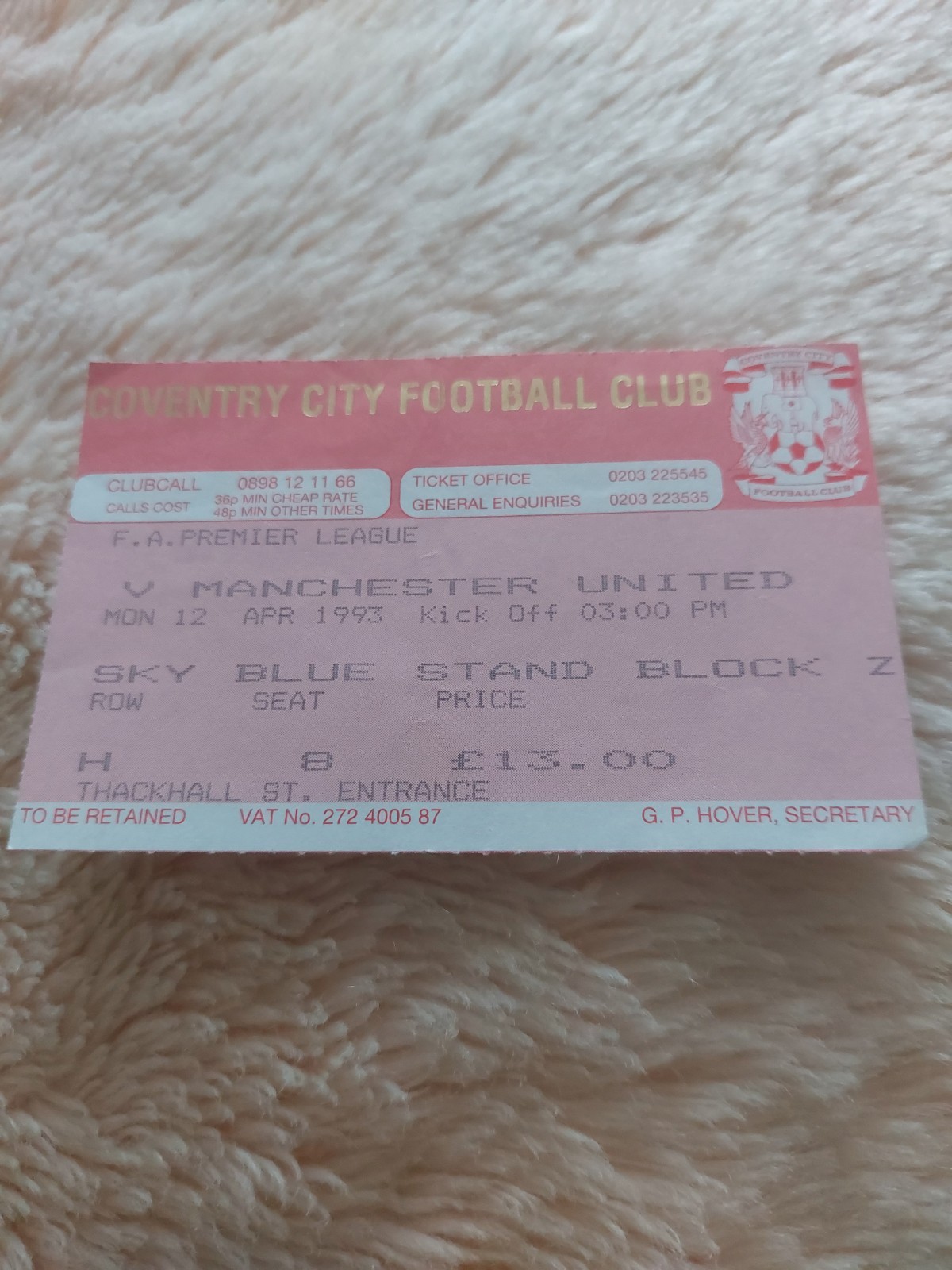 COVENTRY CITY v MANCHESTER UNITED FOOTBALL TICKET PREMIER LEAGUE 12TH APRIL 1993 for sale on Ebay