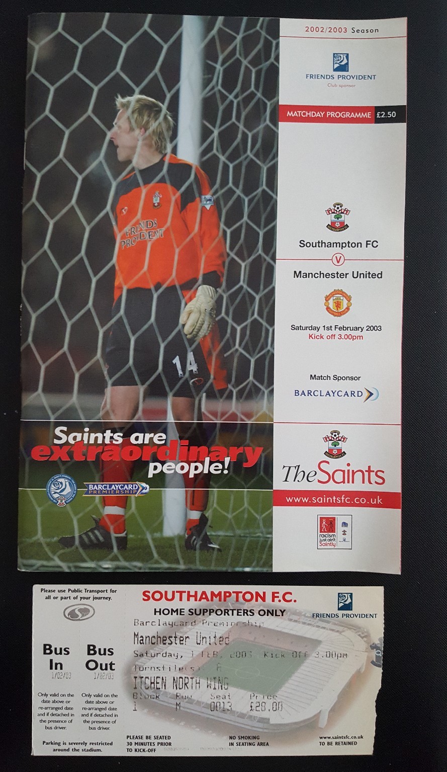 Southampton v Manchester United Programme and Match Ticket 01/02/03 for sale on Ebay