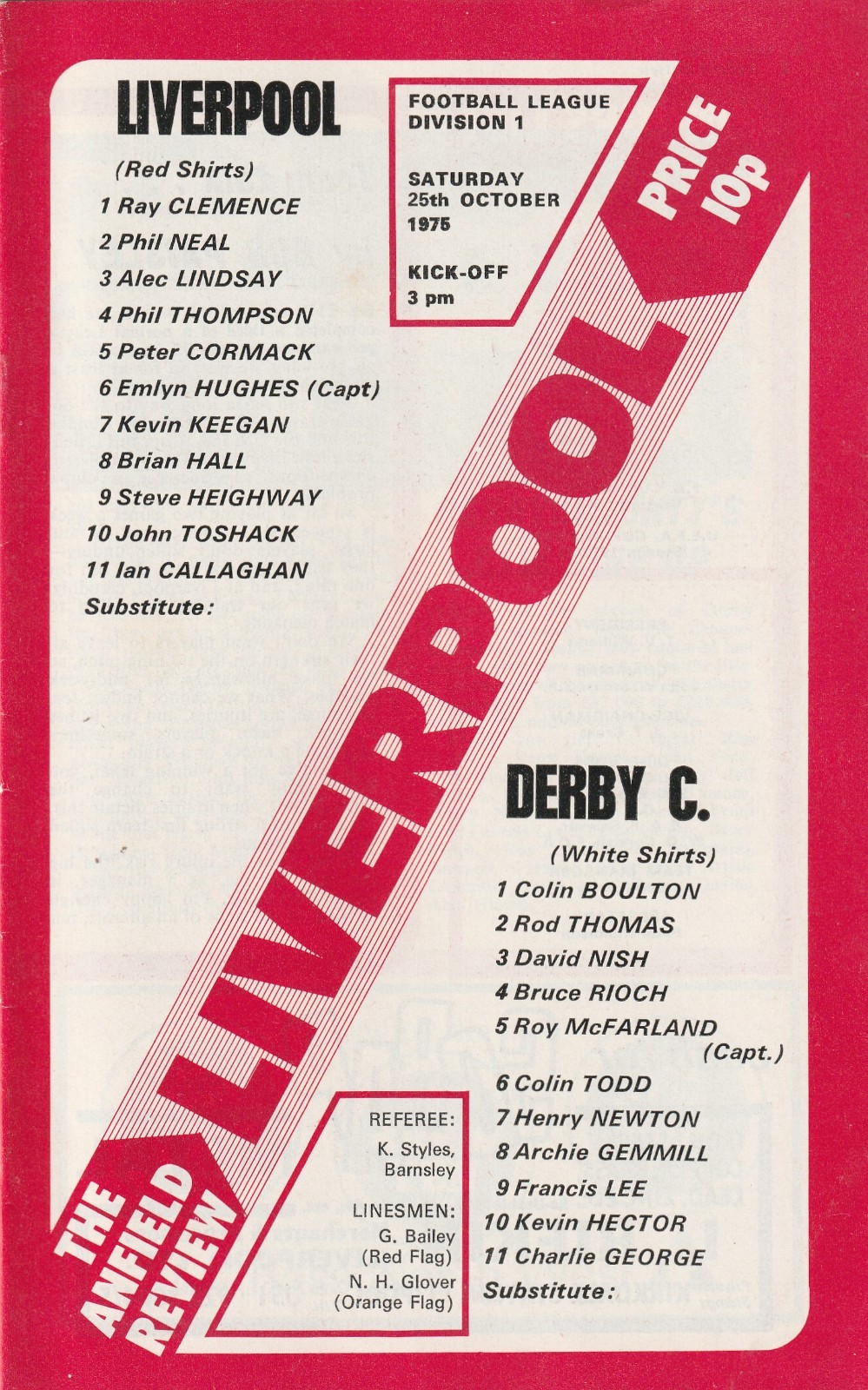 LIVERPOOL v Derby County, 25 October 1975, Division One ****TITLE SEASON for sale on Ebay