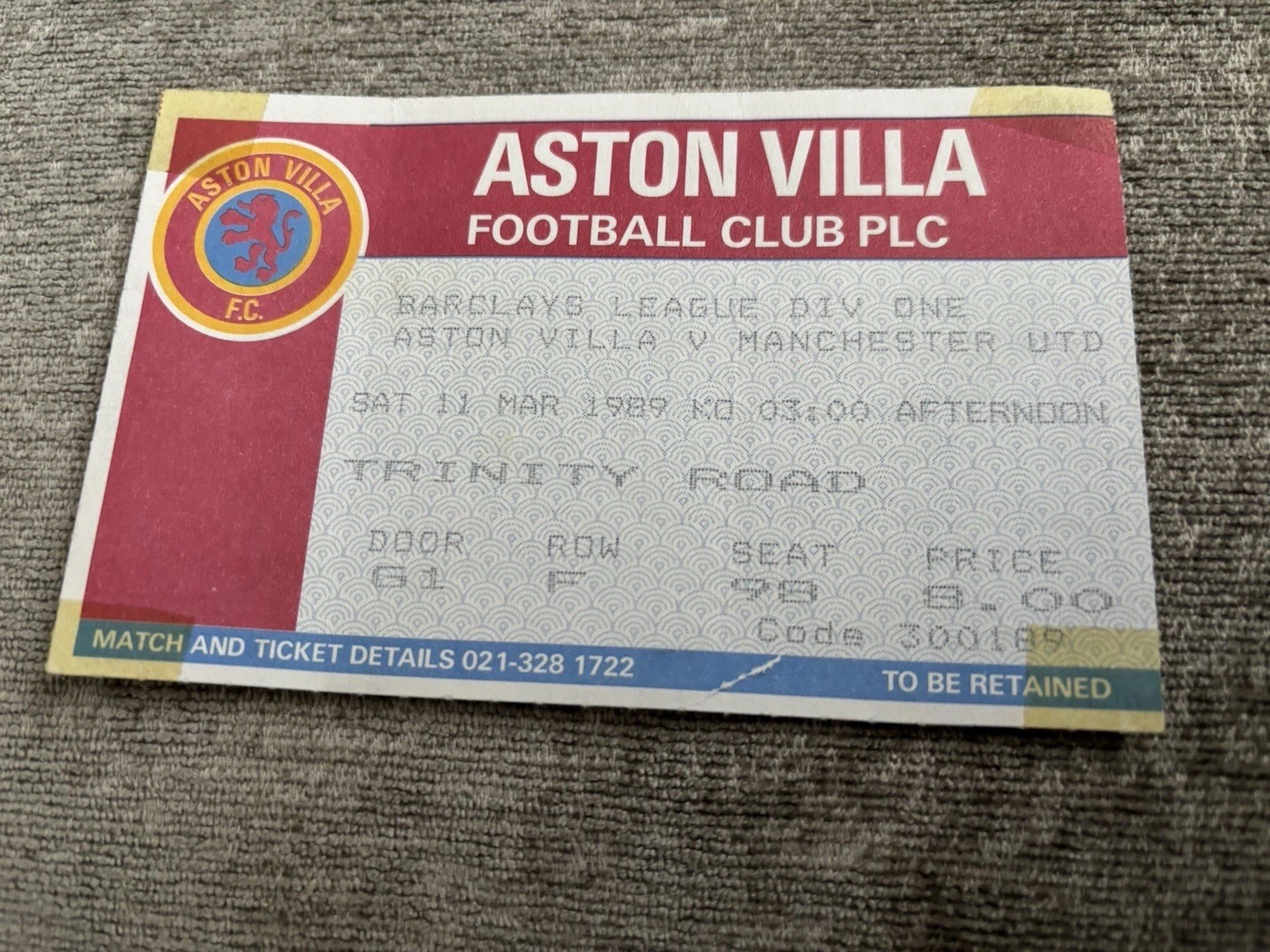 1989 ASTON VILLA V MANCHESTER UNITED MAN UTD TICKET STUB DIVISION ONE 11/3/89 for sale on Ebay