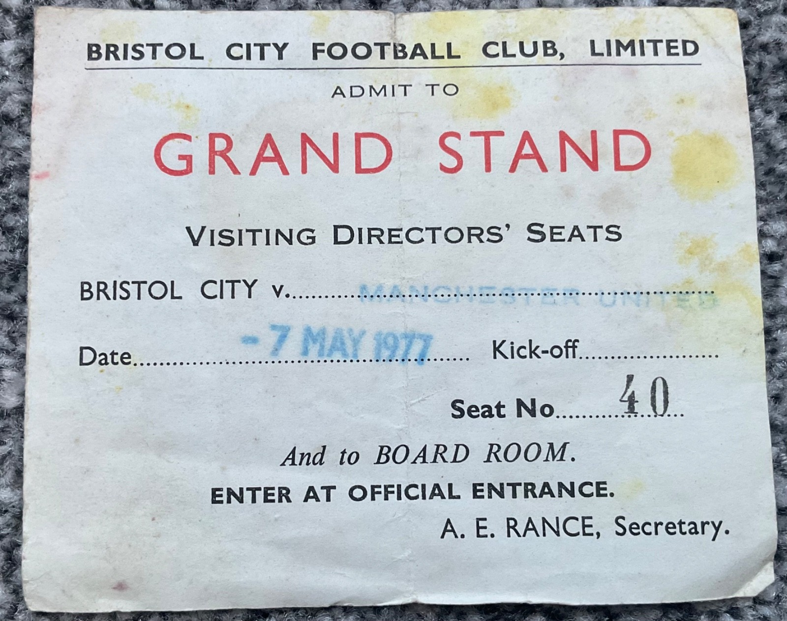 Visiting Directors Seat Ticket - Bristol City v Manchester United 1976/77 for sale on Ebay