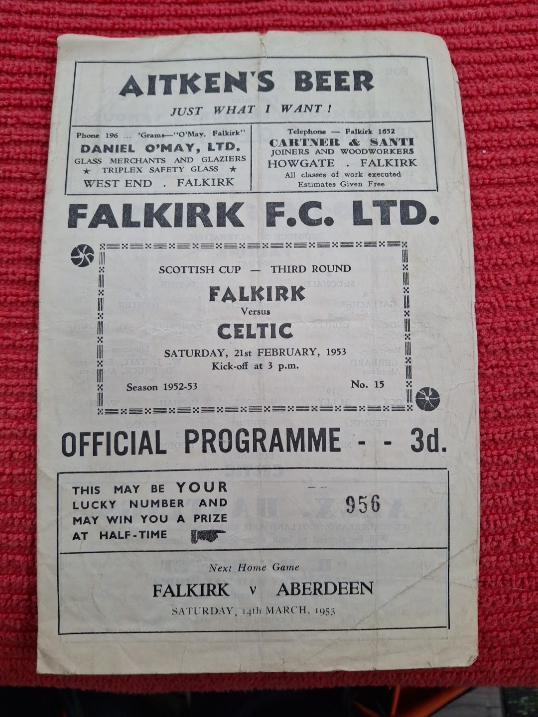 Falkirk v Celtic programme.  21/2/1953 for sale on Ebay