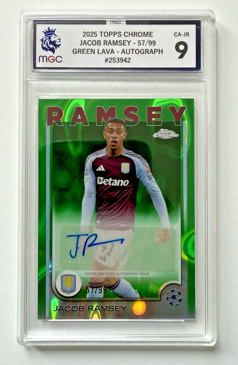 Topps Chrome UCC 2024-25 Jacob Ramsey Aston Villa Green Lava Auto /99 MGC 9 for sale on Ebay