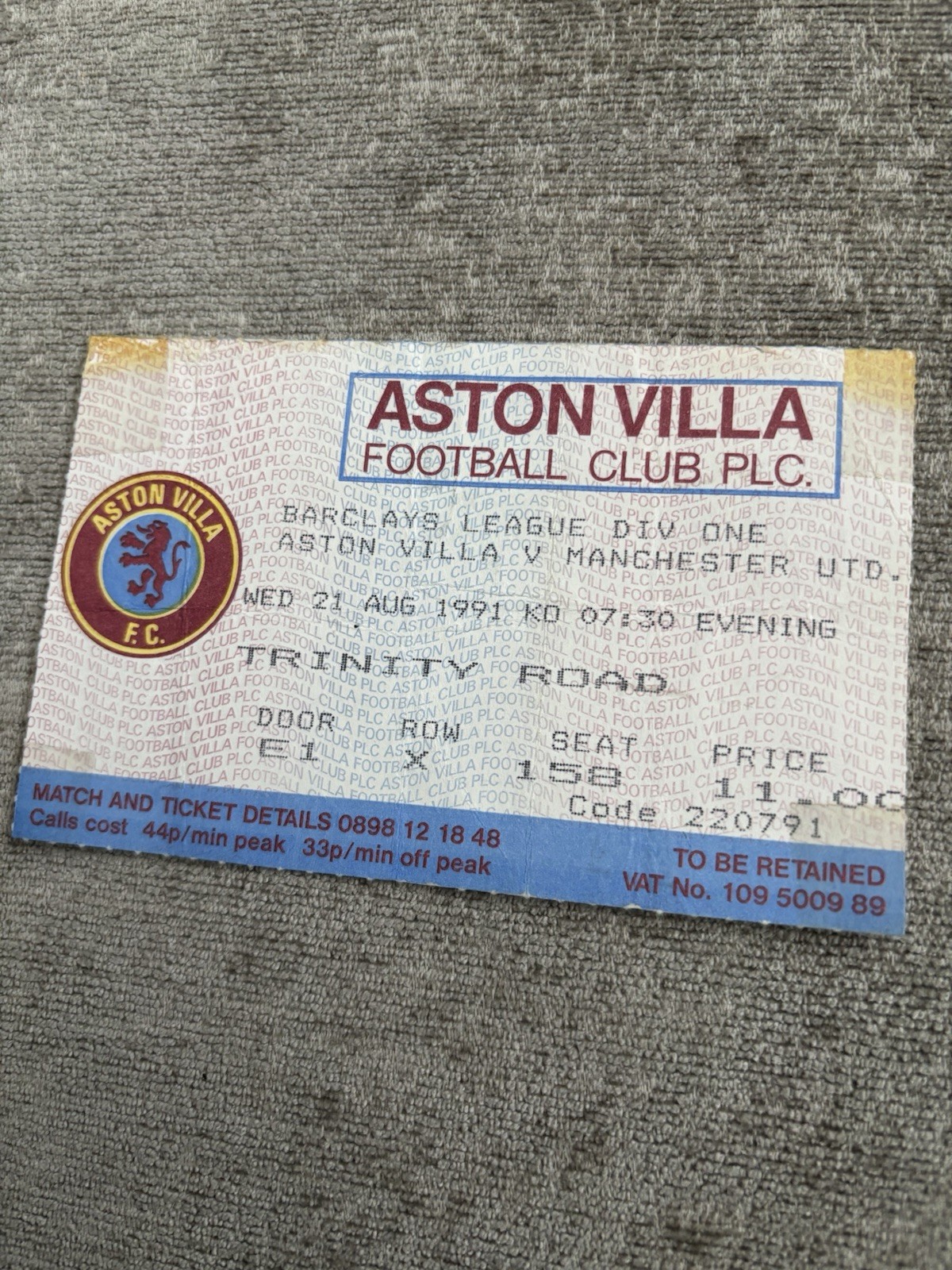 1991 ASTON VILLA V MANCHESTER UNITED MAN UTD TICKET STUB 21/8/91 DIVISION ONE for sale on Ebay