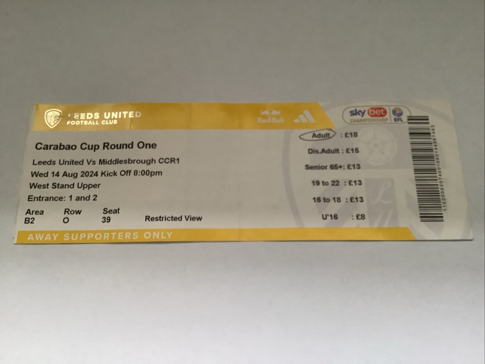 LEEDS UNITED V MIDDLESBROUGH CARABAO CUP FIRST ROUND MATCH TICKET 14/08/2024 for sale on Ebay