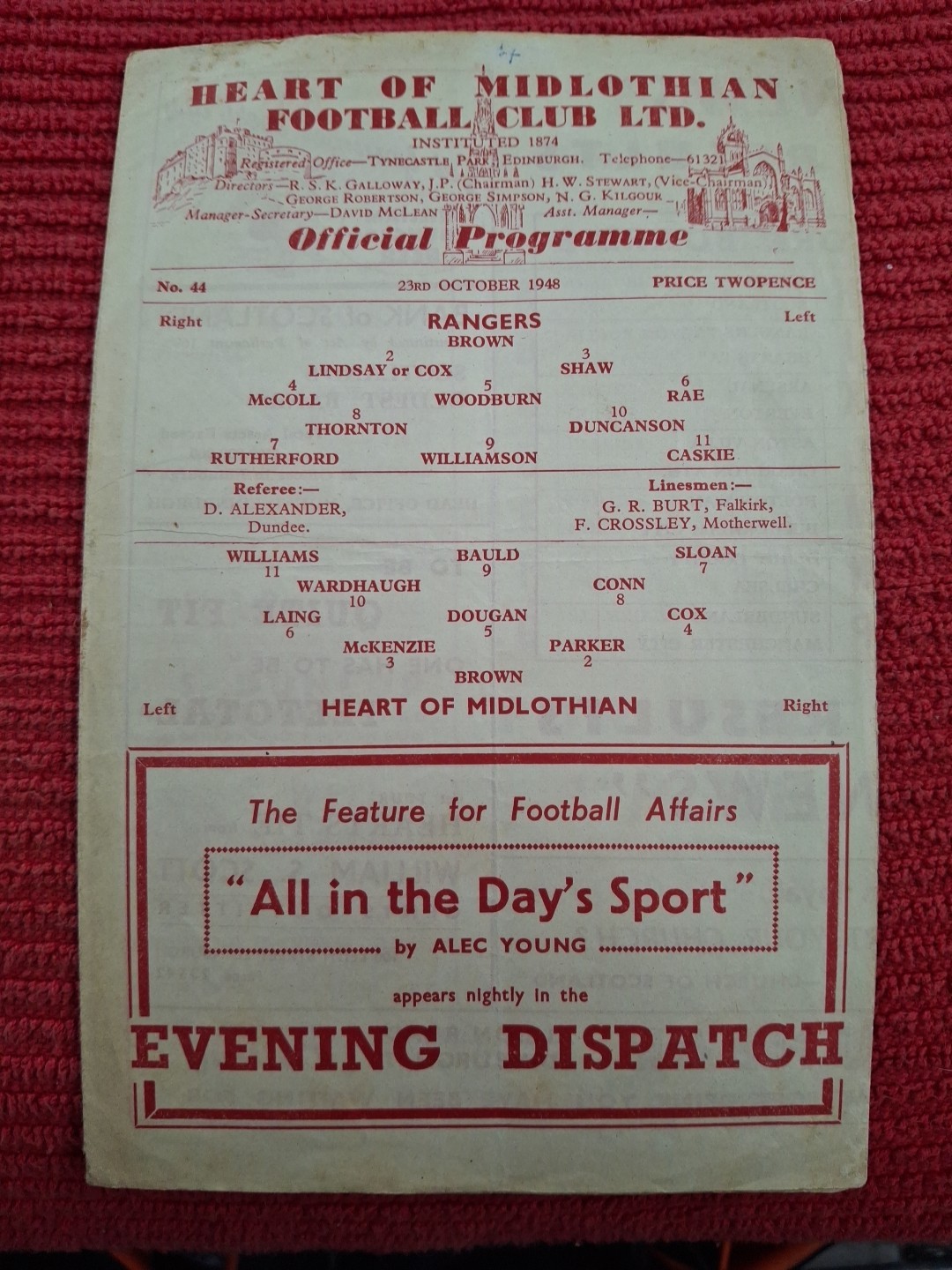 Hearts v Rangers programme.  23/10/1948 for sale on Ebay