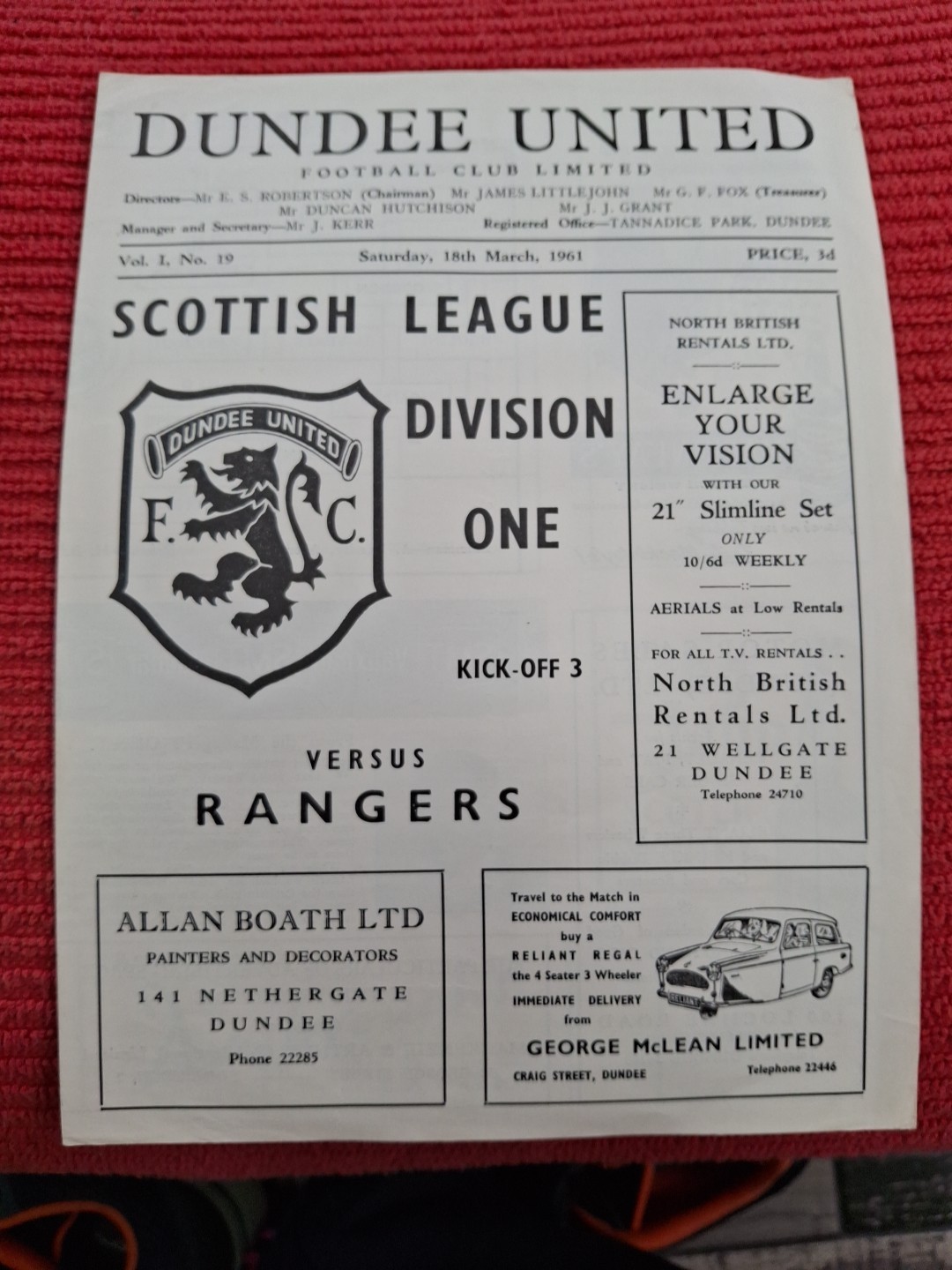 Dundee United v Rangers programme.  18/1/1961 for sale on Ebay