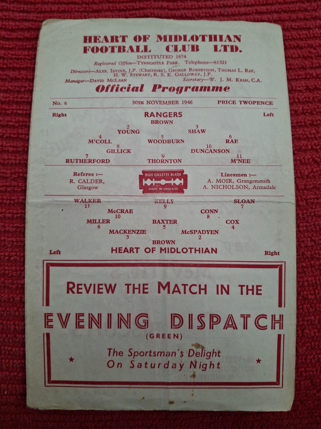 Hearts v Rangers programme.  30/11/1946 for sale on Ebay