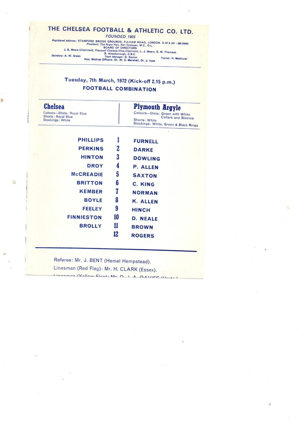 Chelsea Res v Plymouth Argyle Res 1971 - 1972 for sale on Ebay