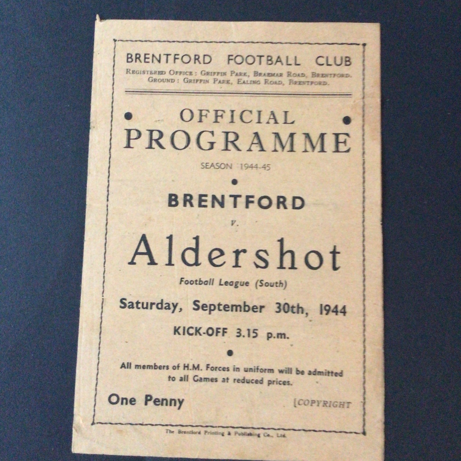 Programme  Brentford v Aldershot  30th September 1944  Football League South  for sale on Ebay