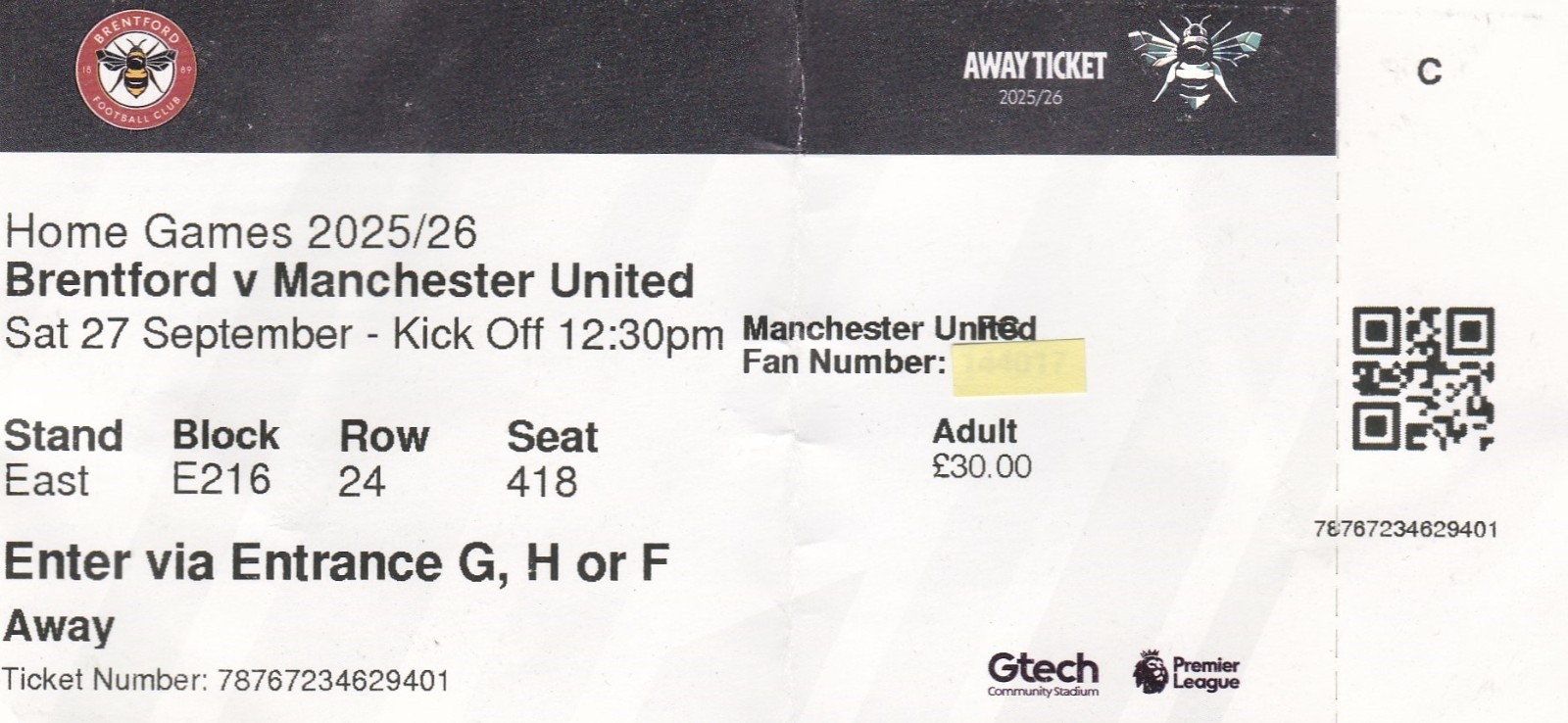Brentford v Manchester United - Premier League - 27-09-2025 (UNITED END) for sale on Ebay