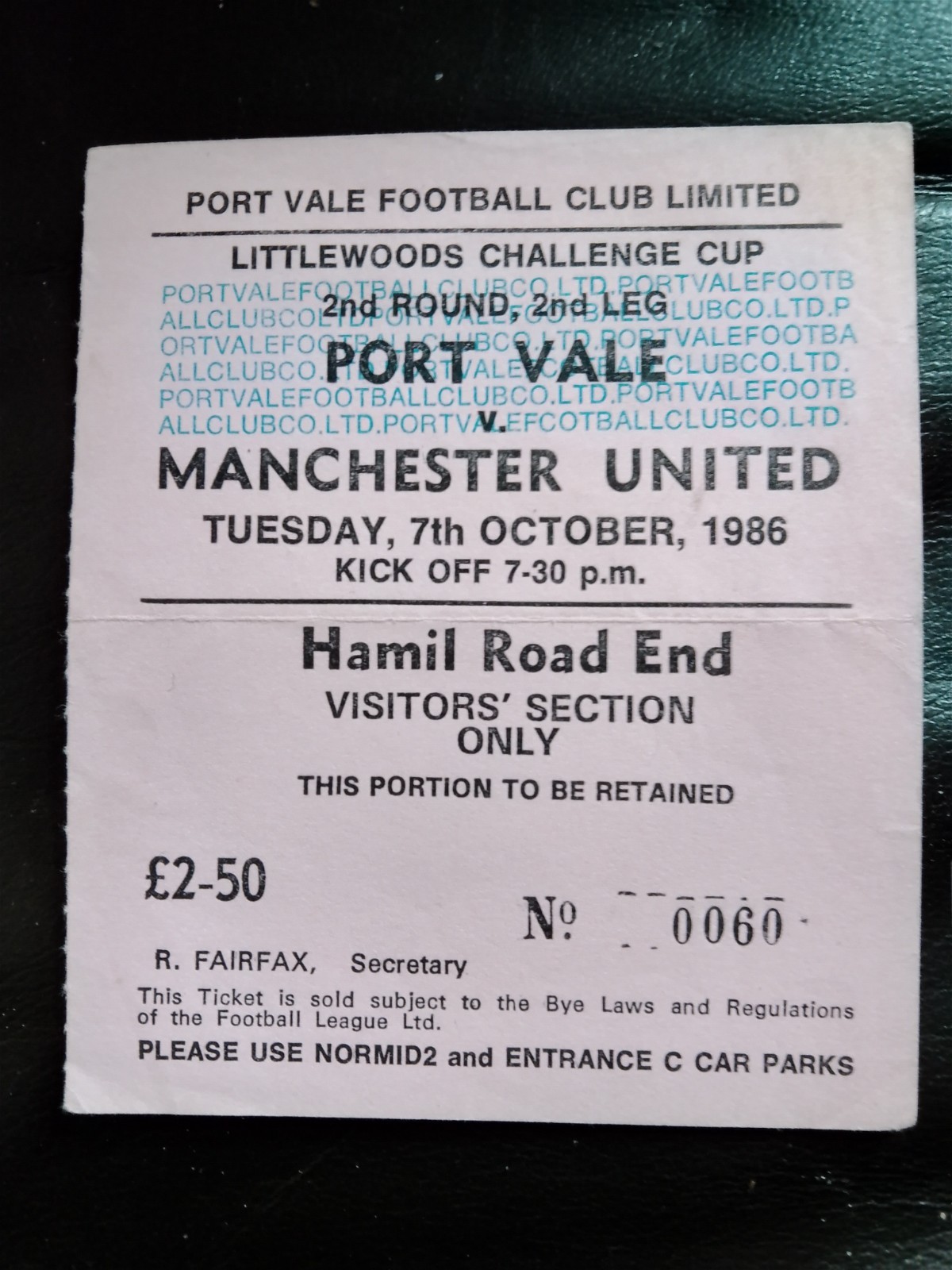 Port Vale V Manchester United Littlewoods Cup 2nd Round 1986/87 Ticket Stub for sale on Ebay