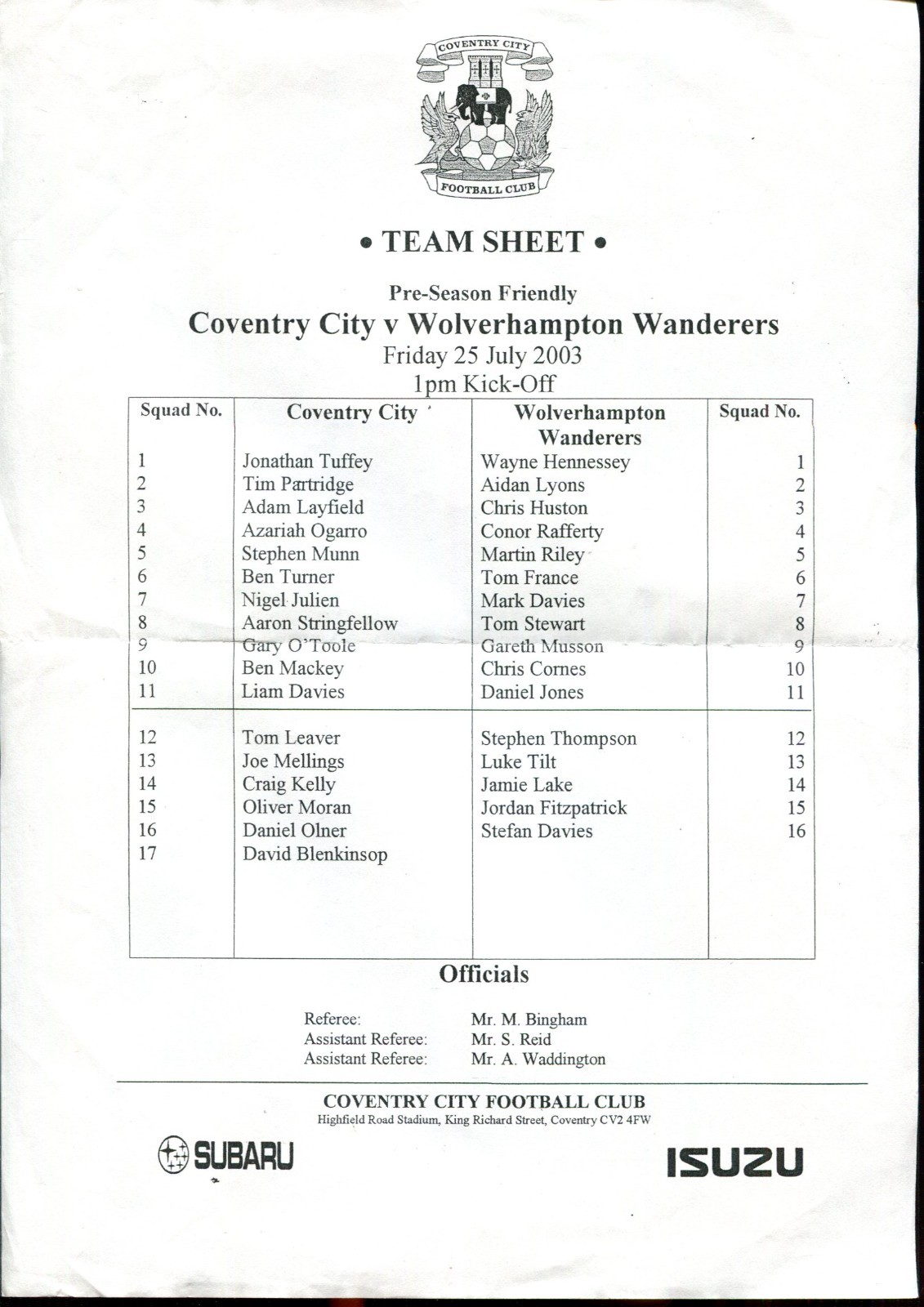 Coventry City v Wolverhampton Wanderers 25/07/03 Team Sheet Friendly for sale on Ebay
