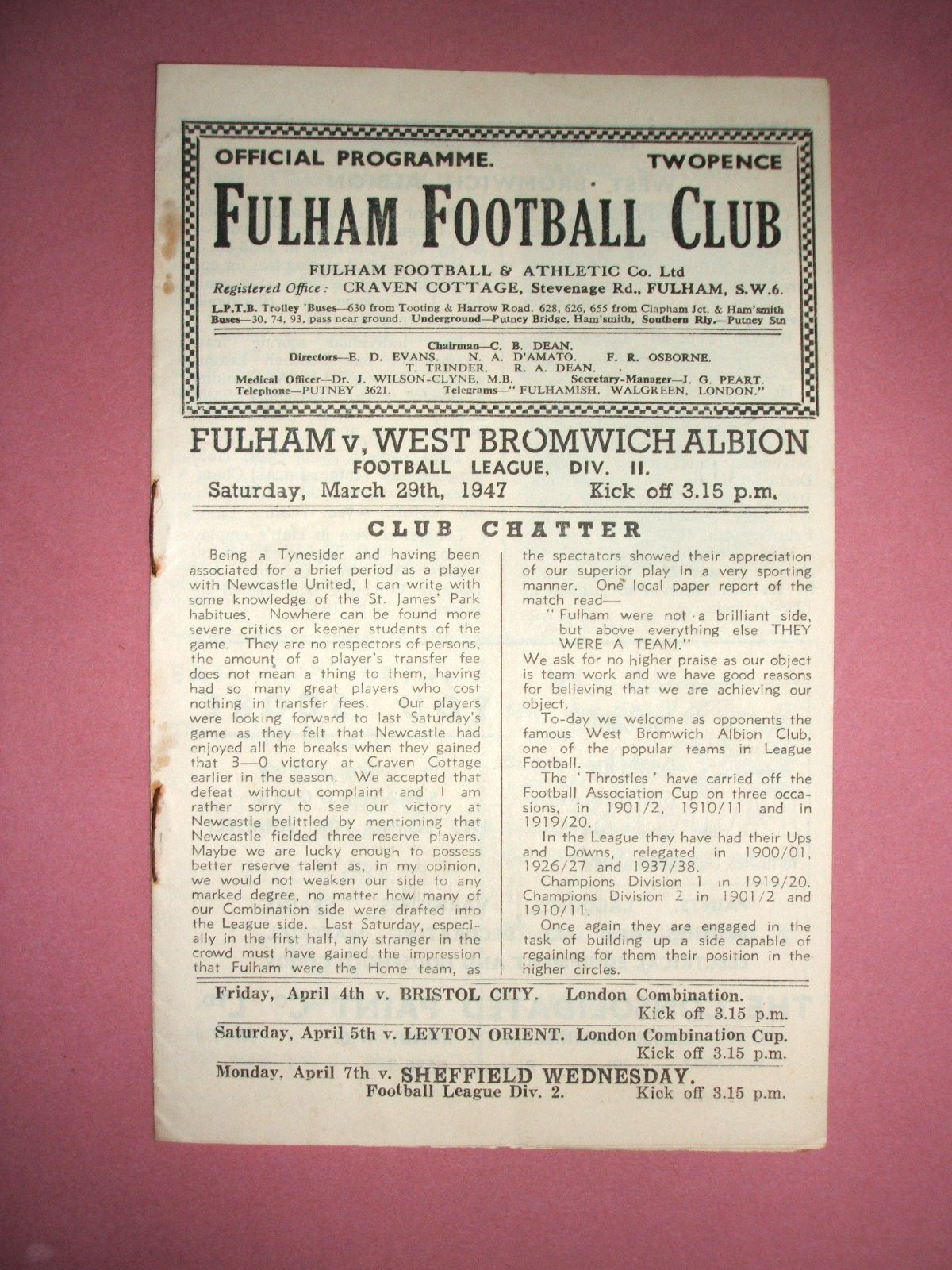 FULHAM V WEST BROMWICH ALBION ( 29-03-1947 ) for sale on Ebay