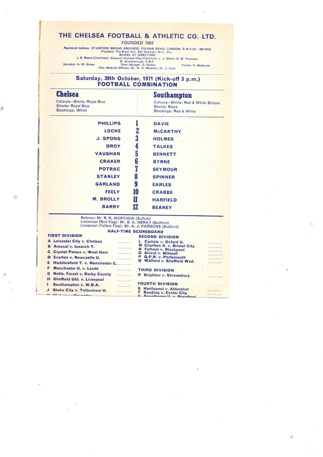Chelsea Res v Southampton Res 1971 - 1972 for sale on Ebay