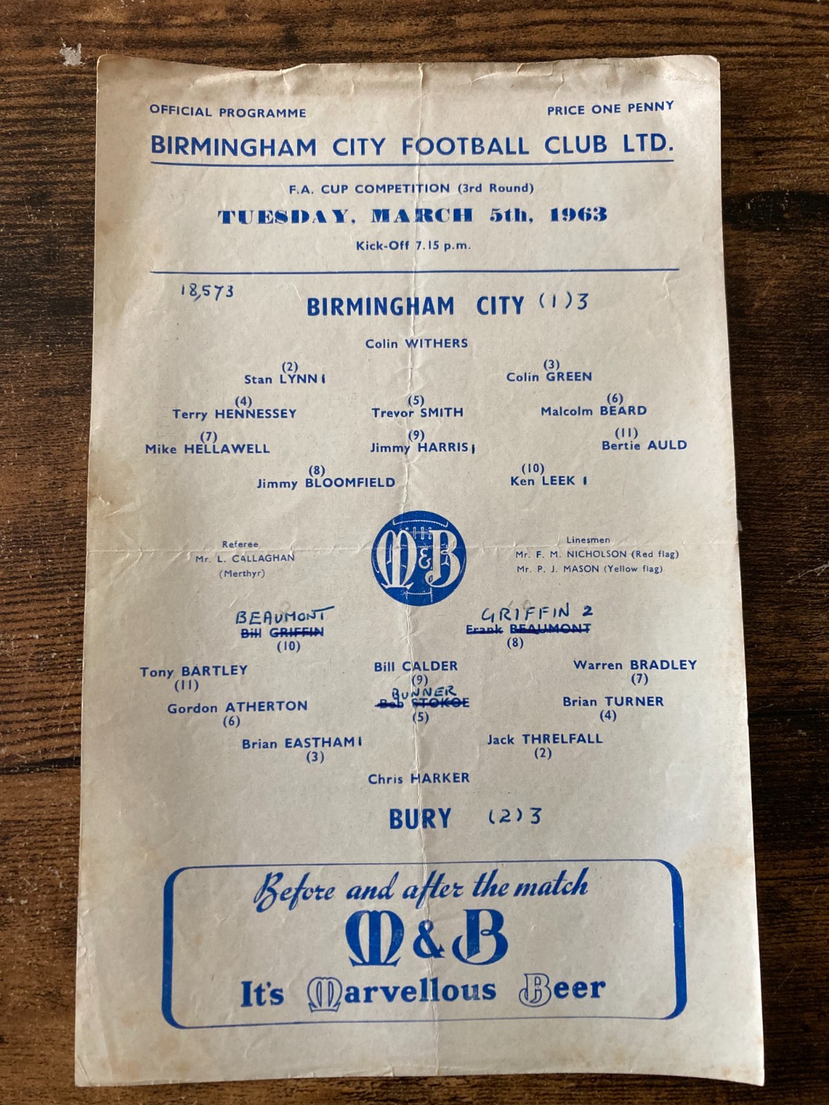 Birmingham City v Bury 1963 1962/63 FA Cup 3rd round single sheet rearranged for sale on Ebay