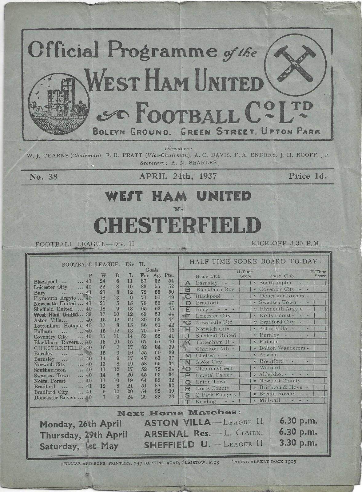 West Ham United v Chesterfield 1936/37 Football League for sale on Ebay