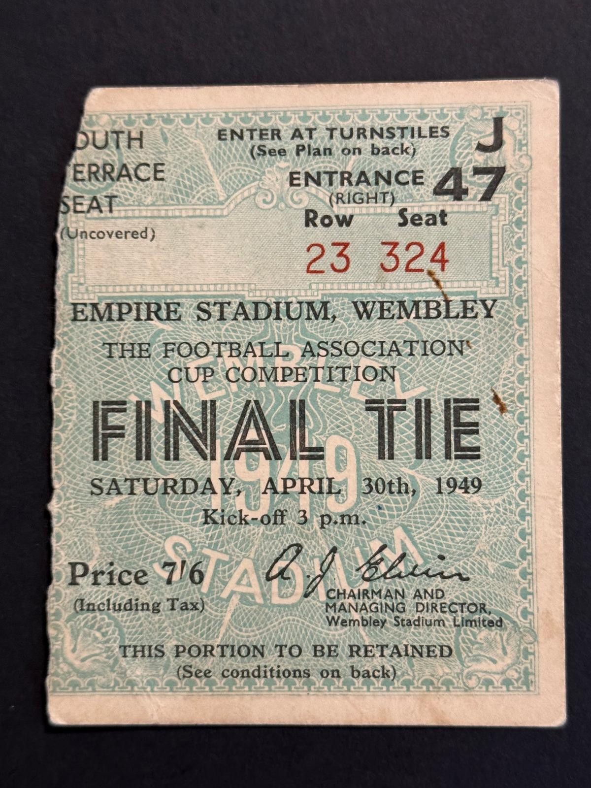 Ticket FA Cup Final 1949 Wolverhampton v Leicester City 7/6 seat for sale on Ebay
