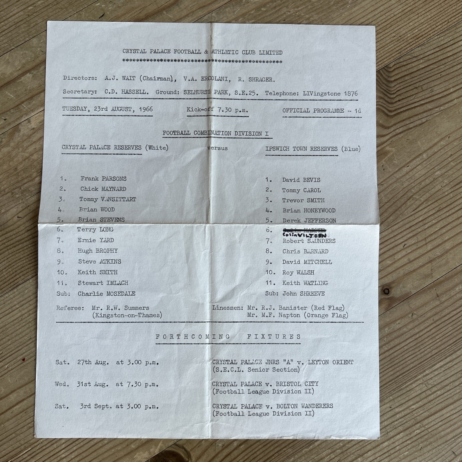 Crystal Palace V Ipswich Town Football Combination Programme 1966-1967  Reserves for sale on Ebay
