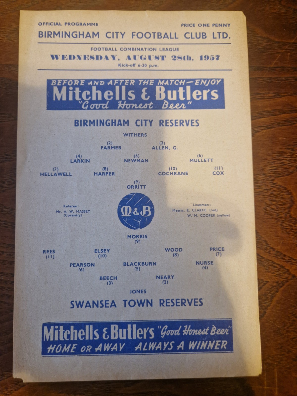 1957/58 Birmingham City v Swansea Town Reserves Programme for sale on Ebay