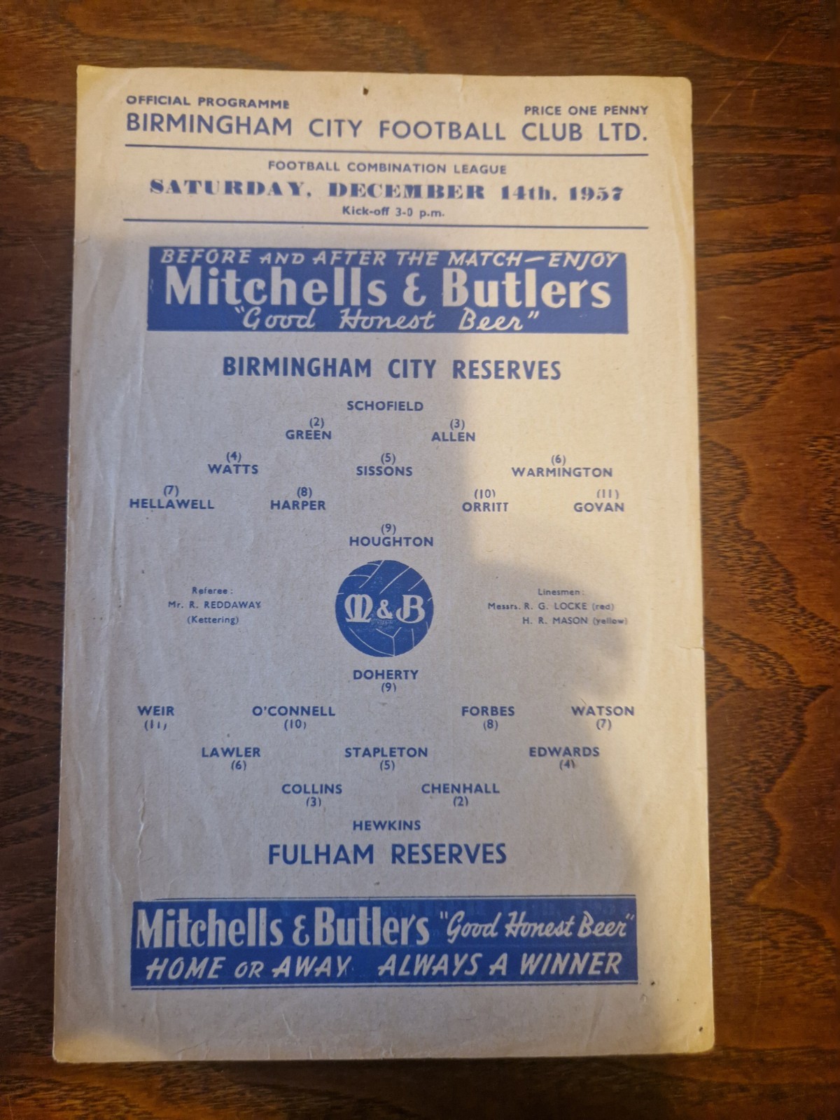 1957/58 Birmingham City v Fulham Reserves Programme for sale on Ebay