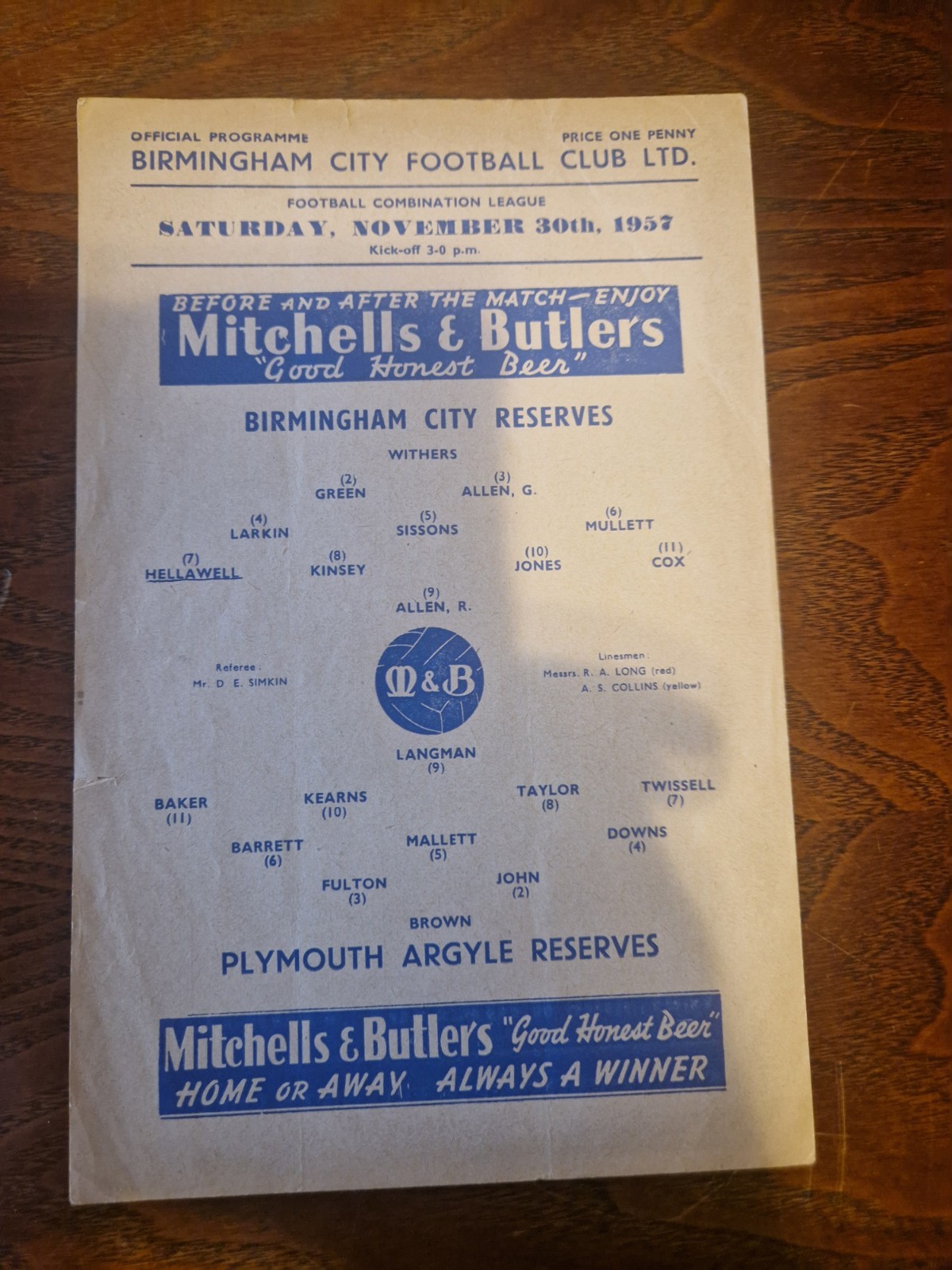 1957/58 Birmingham City v Plymouth Argyle Reserves Programme for sale on Ebay