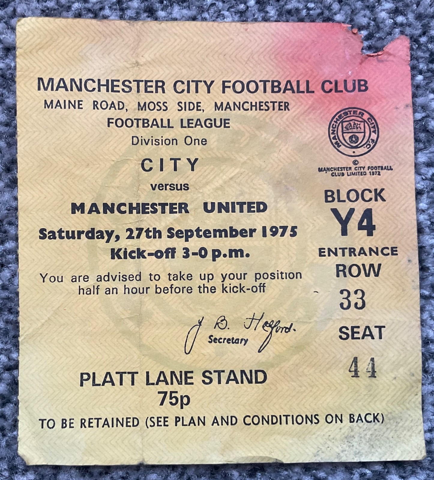 Ticket - Manchester City v Manchester United 1975/76 (Paper loss) for sale on Ebay