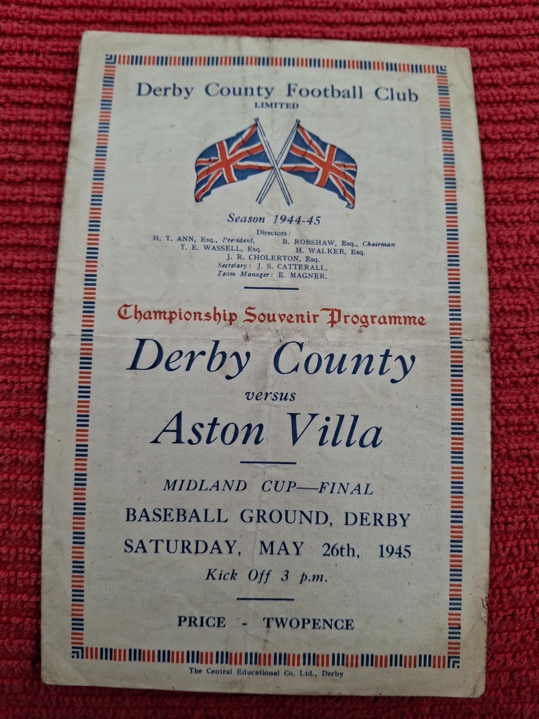 Derby County v Aston Villa programme.  26/5/1945  Midland Cup Final  for sale on Ebay